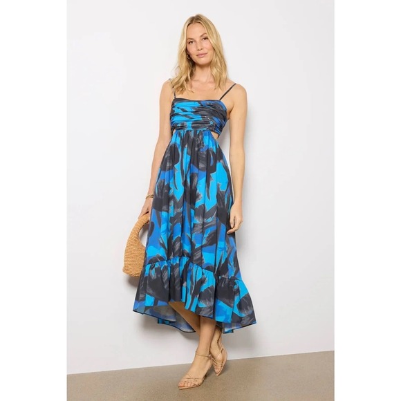 Hutch Dresses & Skirts - Hutch Blue Black Abstract Floral Cut-Out Midi Dress Tiered High-Low Cotton NWT